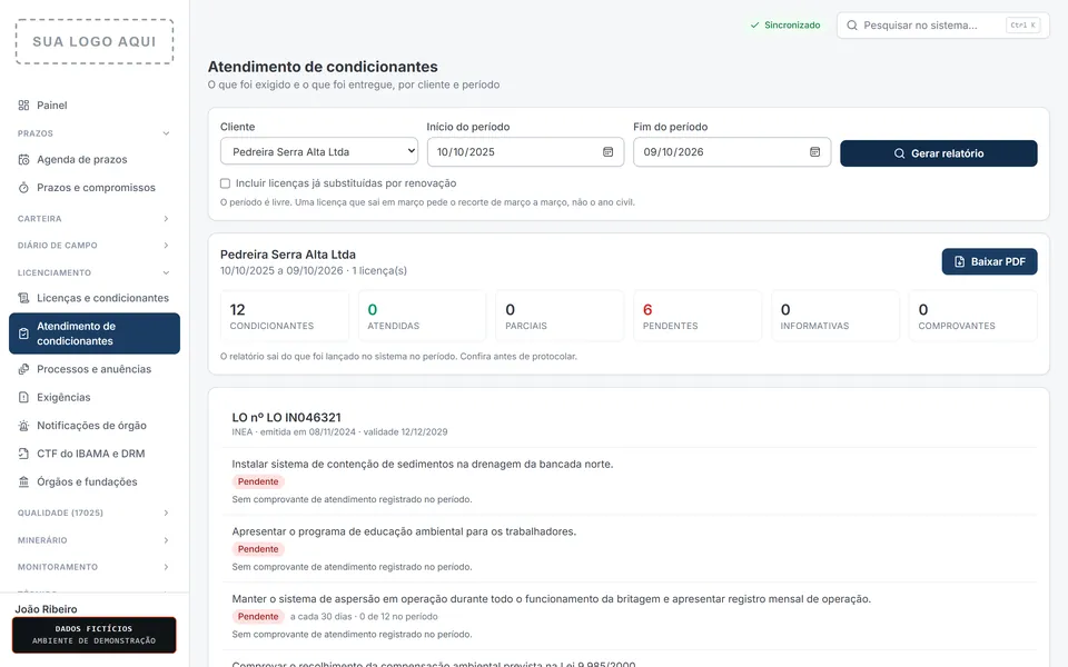 Relatório de atendimento de condicionantes de um cliente no período, com condicionantes atendidas, pendentes e comprovantes