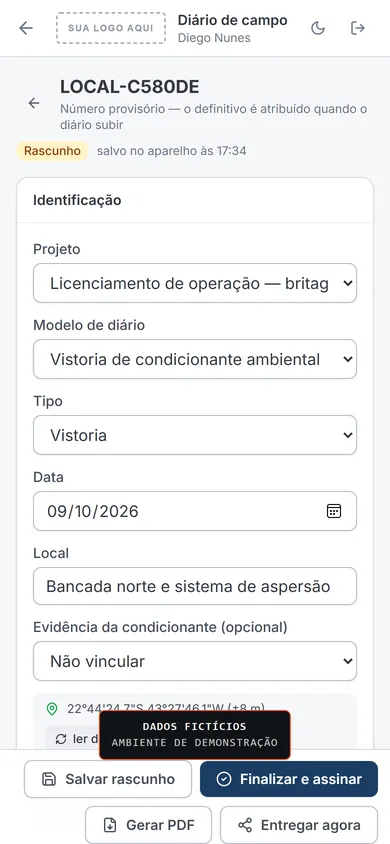 Diário de campo no celular, com projeto, modelo de vistoria e coordenada