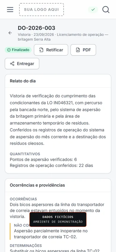 Diário de vistoria finalizado no celular, com relato do dia, ocorrências e botão de PDF