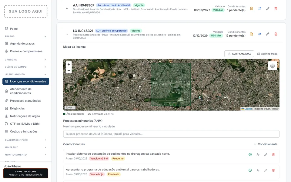 Licença de operação aberta, com o mapa da área licenciada e a lista de condicionantes com prazo e situação